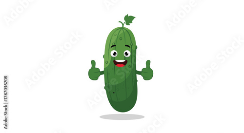 Happy cartoon cucumber giving a thumbs up on a white background.