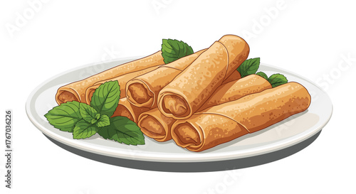 Plate of golden brown spring rolls garnished with fresh mint leaves.
