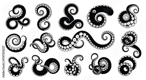 Collection of stylized black and white octopus tentacles with suction cups; abstract geometric pattern.