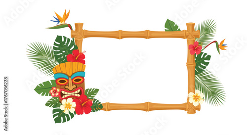 Tropical bamboo frame decorated with a tiki mask, hibiscus flowers, and palm leaves.