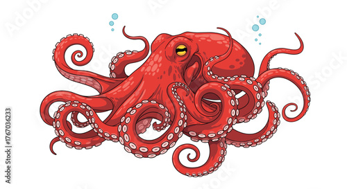 A vibrant red octopus with yellow eyes is depicted swimming with its tentacles spread out against a white background.