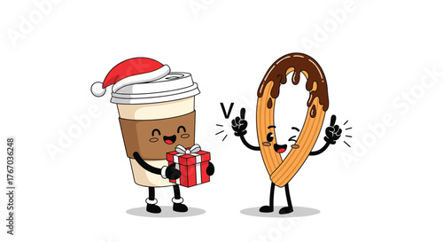 Cute cartoon coffee cup with a Santa hat and gift offers a treat to a churro with chocolate icing.