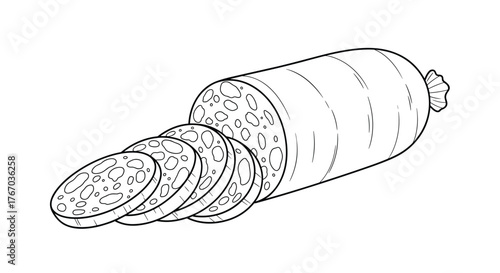 Black and white illustration of sliced salami sausage on a white background.