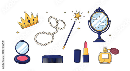 Collection of princess themed beauty items including a crown, pearls, magic wand, mirror, lipstick, comb, and perfume.