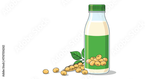Illustration of a bottle of soy milk next to soybeans and leaves on a white background.