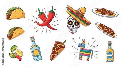 Collection of festive Mexican cultural icons including tacos, chili peppers, a sugar skull and a pinata.