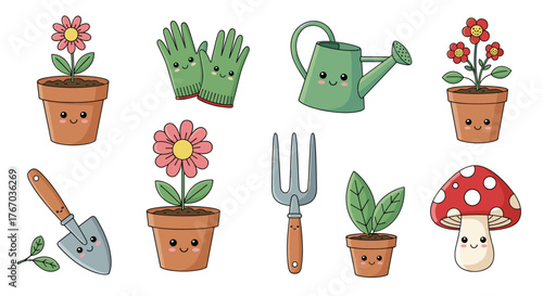 Cute kawaii garden tools and plants with happy faces are displayed on a white background.