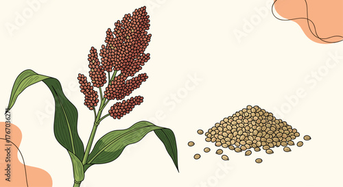 Illustration of a sorghum plant with its seeds, suitable for agricultural and food-related content.