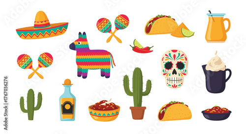 Collection of colorful Mexican cultural icons and food items on a white background.