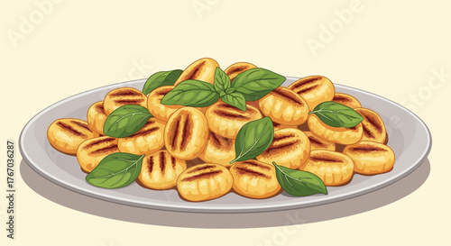 Plate of grilled gnocchi with fresh basil leaves in a top down view.