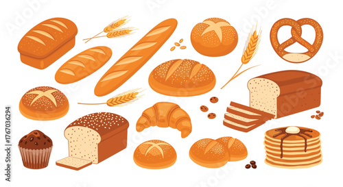 Variety of baked goods including bread, loaves, buns, a croissant, cupcake, and pancakes.