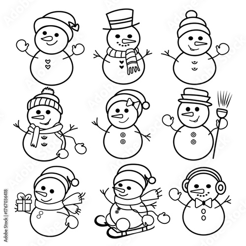 Vector linear clipart set of cute snowmen in various poses and accessories. Perfect for Christmas cards, coloring pages, decor, and holiday projects.