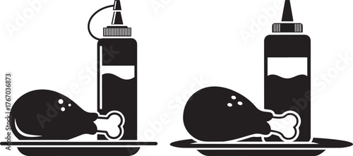 Fried chicken legs with sauce bottles on plates