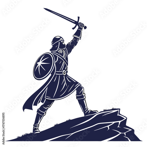 Brave medieval knight with sword and shield