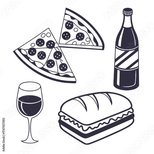Illustration of pizza slices, wine, soda, and sandwich