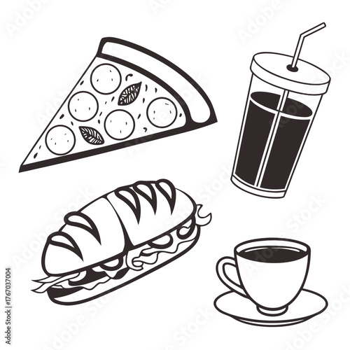 Illustration of pizza slice, soda, sandwich, and coffee
