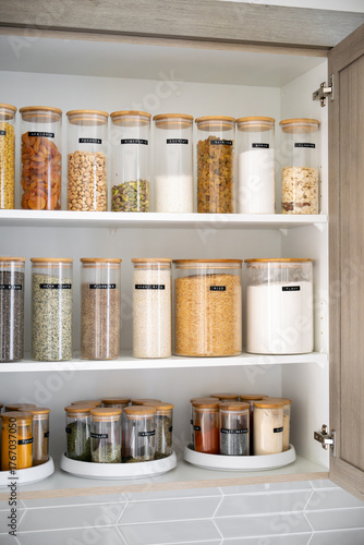 Fototapeta Naklejka Na Ścianę i Meble -  Neatly organized labeled food pantry in a home kitchen with spices grains flour rice sugar nuts