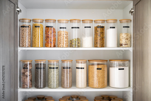 Foto Neatly organized labeled food pantry in a home kitchen with spices grains flour