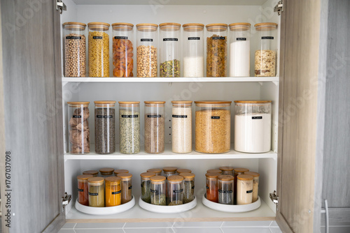 Fotografie Neatly organized labeled food pantry in a home kitchen with spices grains flour