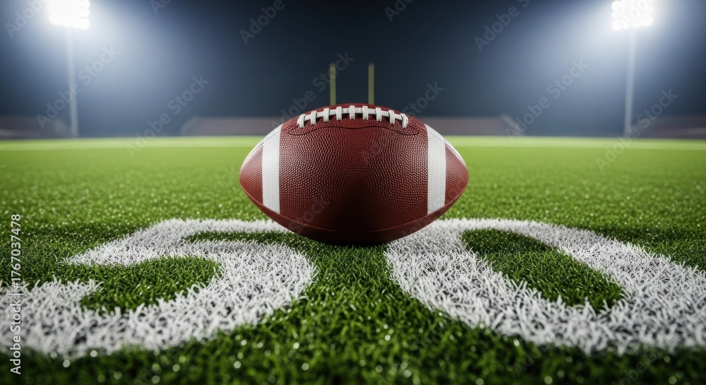 Obraz premium Football on 50-yard line at night game