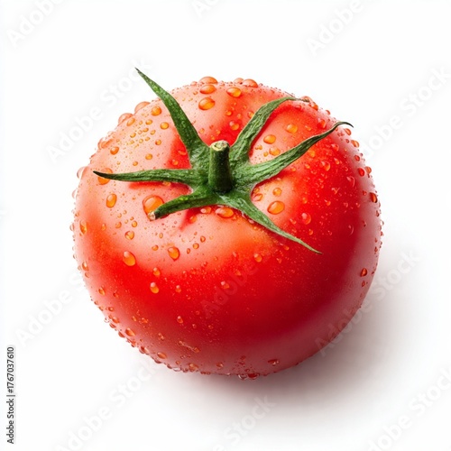 Fresh Red Tomato with Water Droplets Isolated on White: Vibrant Close-up of Wet Vegetable Produce