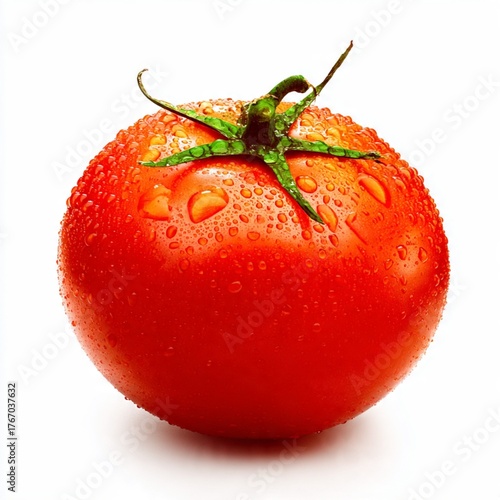 Fresh Red Tomato with Water Drops Isolated on White Background
