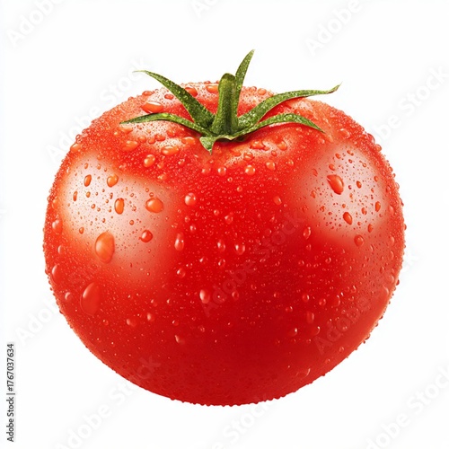 Vibrant Red Tomato with Fresh Water Droplets Isolated on White Background