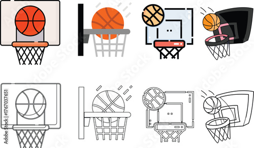 Basketball Hoop, Net, and Backboard Icons - Color and Outline