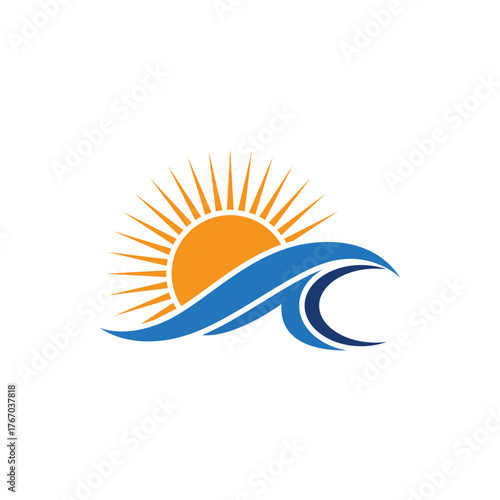 Vector graphic of a sun rising over a blue ocean wave. A minimalist logo concept for summer, travel, nature, and tropical resort branding identity