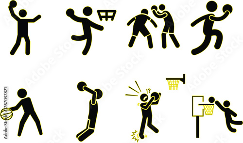 High-Contrast Silhouette Basketball Player Action Icons - Black and Neon Yellow Set