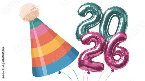 New Year party decoration with colorful party hat and balloon numbers 2026.