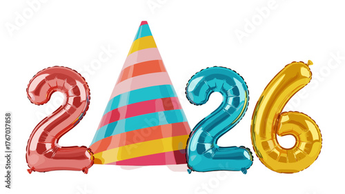 New Year 2026 Celebration with Balloons and Party Hat.