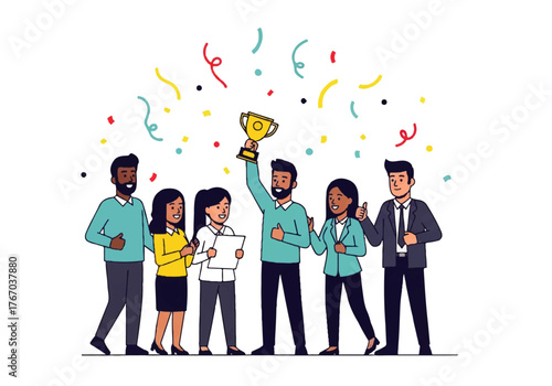 ​A diverse group of triumphant business people is celebrating a victory
