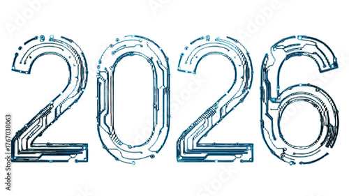 The year 2026 illustrated with circuit board design.