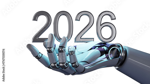 An futuristic robotic arm holding the number 2026.
