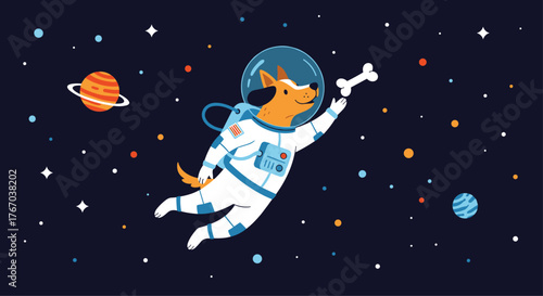 A cheerful cartoon dog astronaut floats through deep space, playfully reaching for a bone among distant planets and shimmering stars.