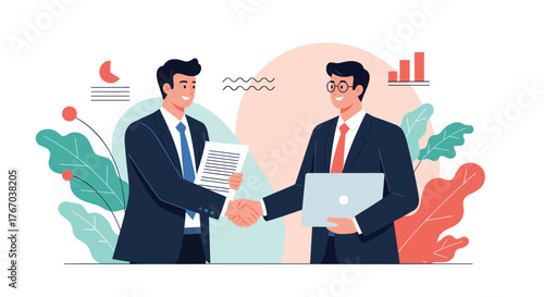 Two professional businessmen shake hands to seal a successful agreement, symbolizing partnership, collaboration, and a new venture.