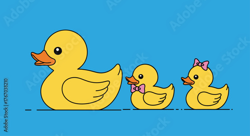 A cute family of yellow rubber ducks, including a parent and two ducklings with pink accessories, floats on a blue background.