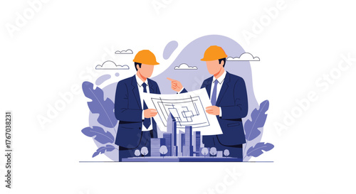 Two professional male engineers in hard hats and suits collaboratively review building blueprints, discussing construction plans amidst a cityscape.