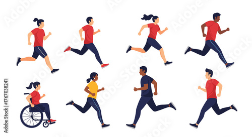 A diverse group of men and women, including one in a wheelchair, are actively running and exercising, promoting an inclusive and healthy lifestyle.