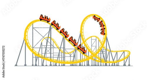 A thrilling amusement park roller coaster with a bright yellow track and orange cars navigating a steep drop and an inverted loop, symbolizing excitement.