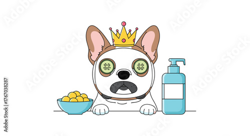 A pampered dog wearing a crown and cucumber slices over its eyes gets a spa treatment with bath beads and lotion, looking surprised.