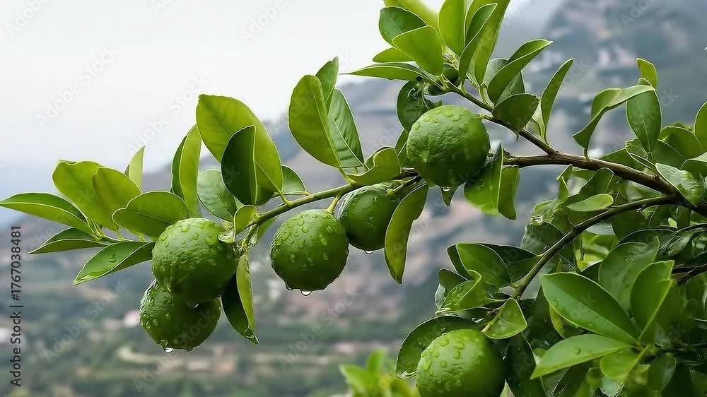 Fresh green limes on a tree branch with a mountain backdrop in the distance