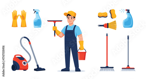 A smiling male cleaner wearing a cap and overalls, holding a squeegee and bucket, surrounded by various household cleaning supplies and equipment.
