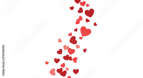 Numerous red and pink hearts of various sizes floating upwards on a clean white background, creating a romantic and festive design element.
