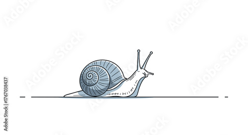 Minimalist illustration of a snail with a grey spiral shell and two eyestalks slowly making its way across a horizontal line on a white background.