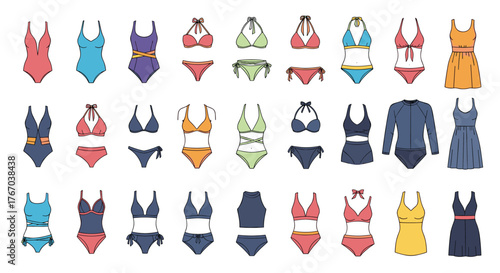 A diverse collection of colorful outlined swimwear, including one-piece suits, bikinis, tankinis, rash guards, and summer dresses, isolated on white.