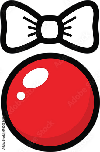 Simple cartoon illustration of a classic clown s red nose and bow tie