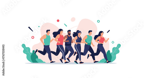 A diverse group of men and women enjoys a healthy outdoor run, promoting fitness, teamwork, and an active lifestyle.