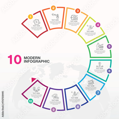 Modern Infographic Design Template Featuring Circular Diagram with 10 Steps for Presentations and Data Visualization